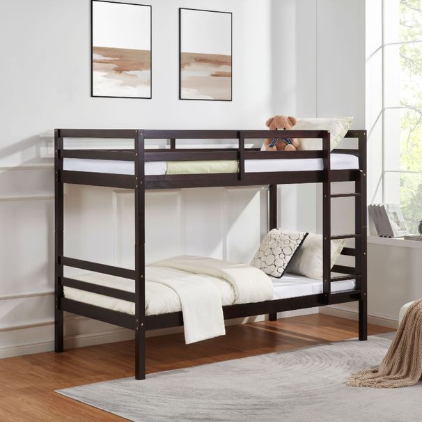 Twin Over Twin Bunk Bed With Ladder,Wooden Bunk Bed With High Guardrail And Ladder For Kids, Teens, Dorm Rooms, And Guest Rooms,No Box Spring Needed,Espresso_maomaolike.com