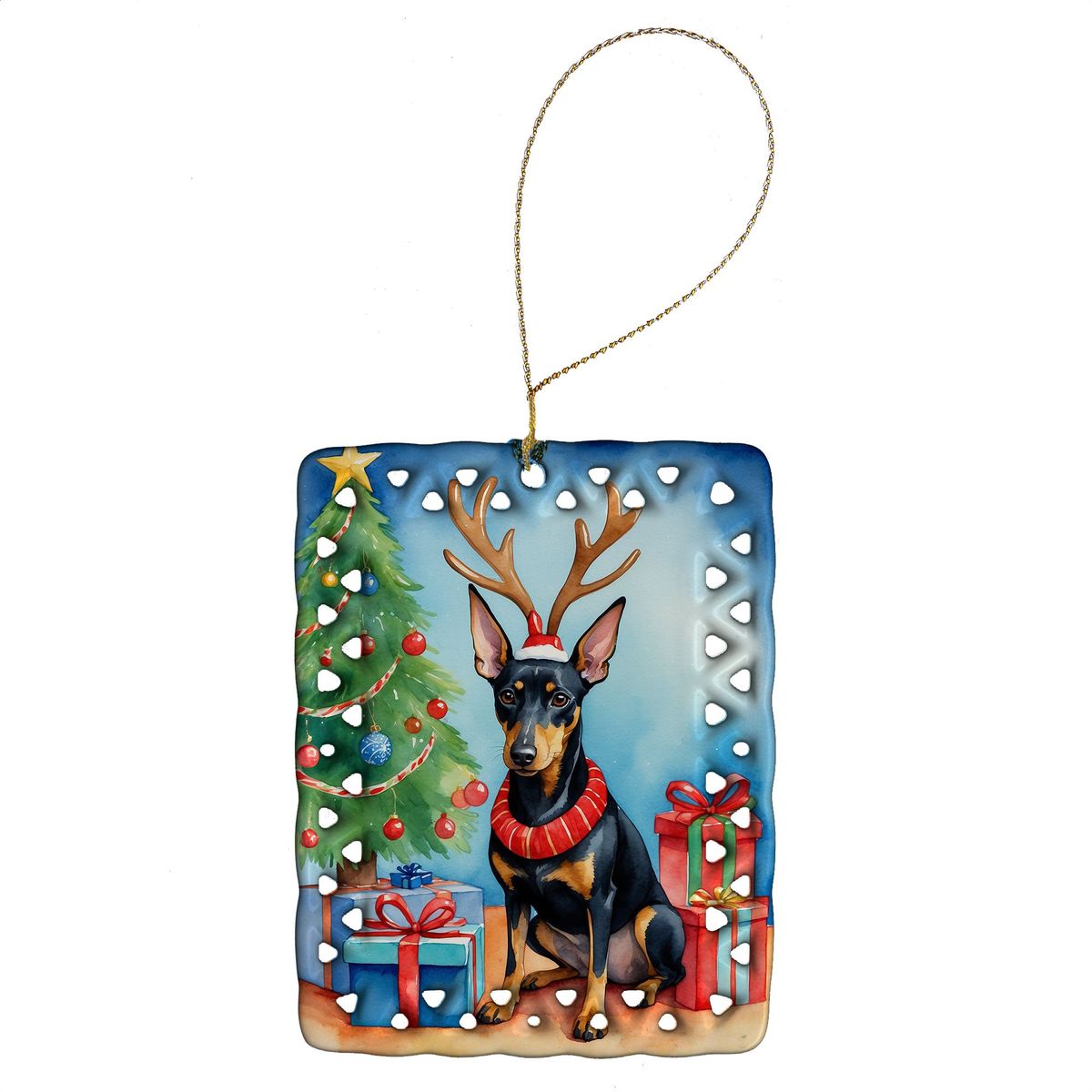 Terrier Christmas Reindeer Porcelain Ornament Christmas Tree Hanging Decorations For Home Christmas Holiday, Rectangle, Gift, Multicolor_maomaolike.com