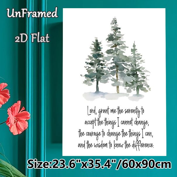 Snowy Pine Trees With Serenity Prayer Painting Poster, Soft Watercolor Winter Forest Scene Poster, Soothing Inspirational Quote Decor For Living Room_maomaolike.com