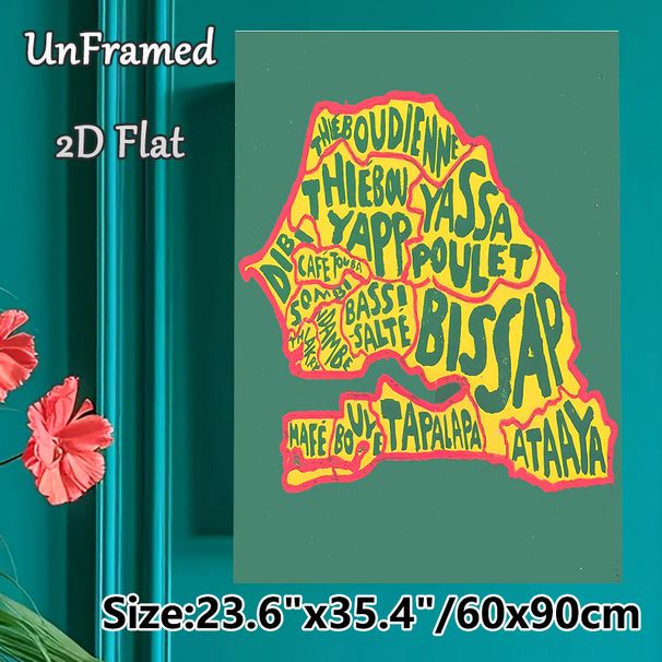 Senegalese Cuisine Painting Poster, Vibrant Map-shaped Typographic Poster, Features Iconic Local Food Names, Ideal For Kitchen, Dining Area Or_maomaolike.com