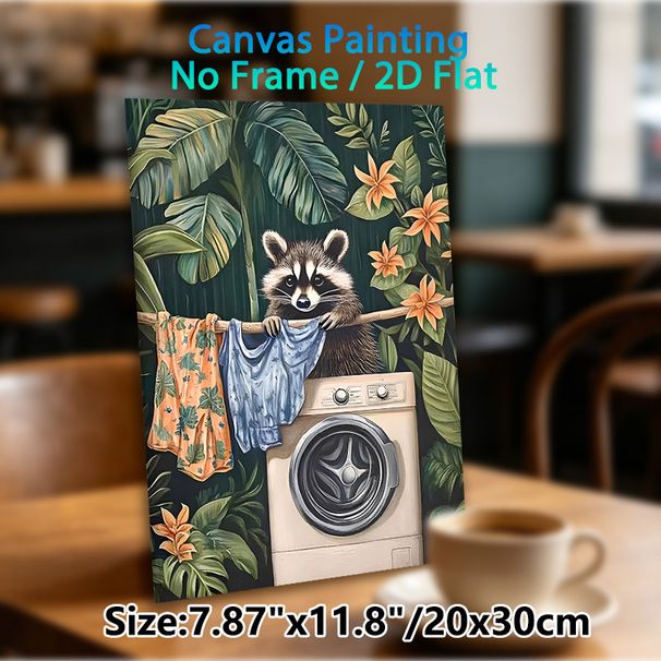 Tropical Raccoon Laundry Painting Poster, Whimsical Vivid Jungle Scene Poster, Charming Playful Decor Ideal For Laundry Room, Cozy Living Area_maomaolike.com