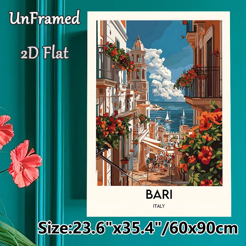Bari Italy Coastal Town Painting Poster, Vibrant Retro Style Poster, Sunlit Seaside Street With Colorful Blooms & Coastal View, Captures Warm_maomaolike.com