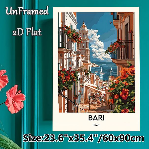 Bari Italy Coastal Town Painting Poster, Vibrant Retro Style Poster, Sunlit Seaside Street With Colorful Blooms & Coastal View, Captures Warm_maomaolike.com