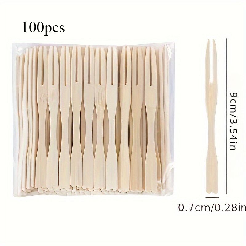 100pcs/500pcs Bamboo Fork - 9Cm/3.54In, Disposable Double Prong Fruit Tail Forks_maomaolike.com