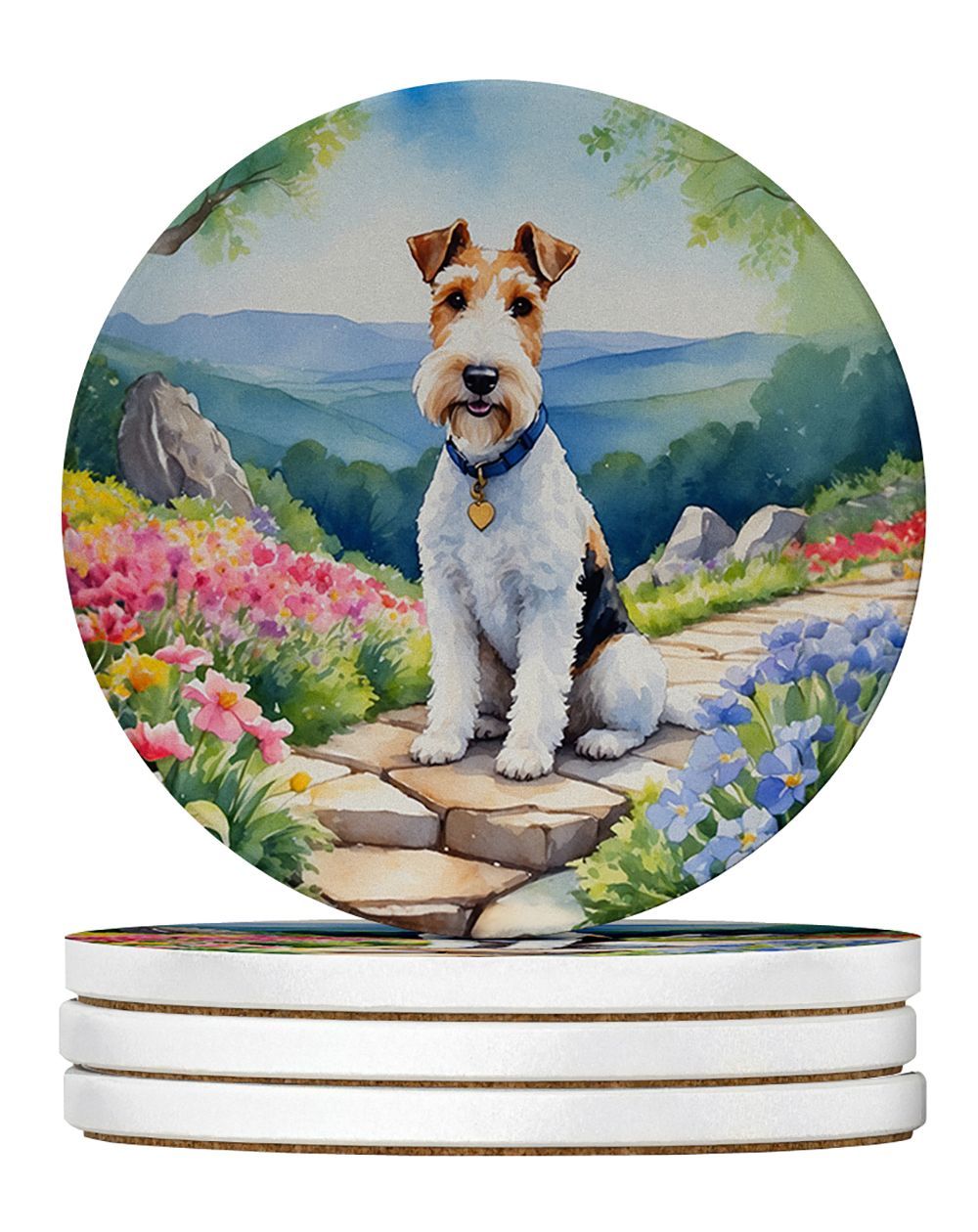 Fox Terrier Spring Path Large Sandstone Coasters Pack Of 4 Absorbent Round Coasters Decor Gifts For Men Or Women, 4 In, Multicolor_maomaolike.com