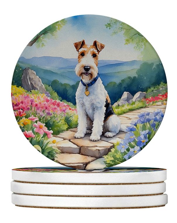 Fox Terrier Spring Path Large Sandstone Coasters Pack Of 4 Absorbent Round Coasters Decor Gifts For Men Or Women, 4 In, Multicolor_maomaolike.com