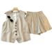 Women's Clothing Retro temperament V neck linen blended sleeveless vest vest high waist casual shorts _maomaolike.com