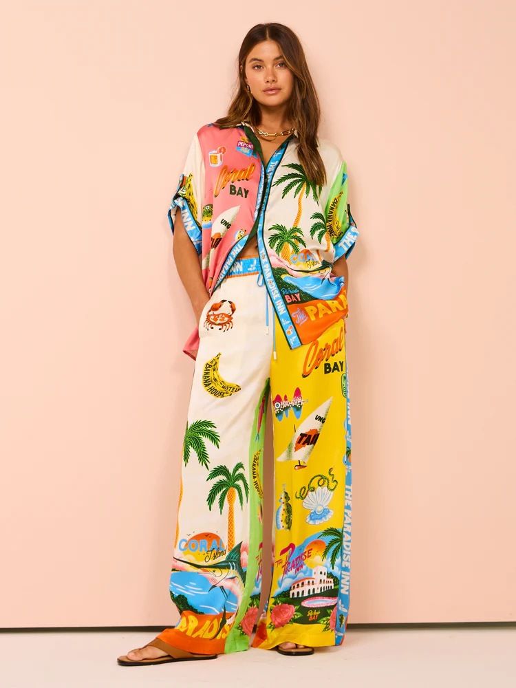 Women's clothing fashion personality printed short-sleeved color matching holiday leisure tether suit_maomaolike.com