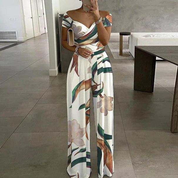 2023 Women's Fashion One Shoulder Print Temperament Commuter Casual High Waist Jumpsuit Women_maomaolike.com
