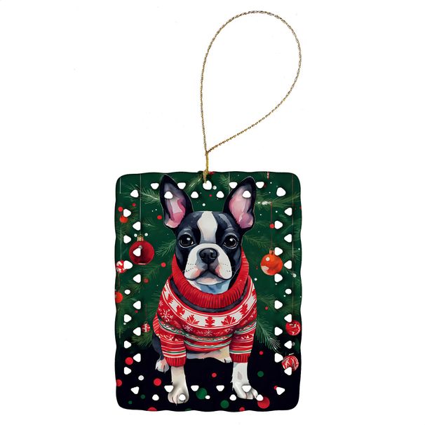 Boston Terrier Christmas Porcelain Ornament Christmas Tree Hanging Decorations For Home Christmas Holiday, Rectangle, Gift, Multicolor_maomaolike.com