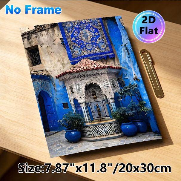 Moroccan Blue Courtyard Painting Poster, Vibrant Traditional Islamic Mosaic Style Poster, Brings Exotic Cultural Charm, Ideal For Living Room And_maomaolike.com