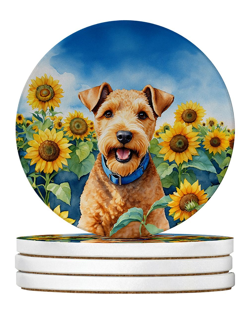 Lakeland Terrier In Sunflowers Large Sandstone Coasters Pack Of 4 Absorbent Round Coasters Decor Gifts For Men Or Women, 4 In, Multicolor_maomaolike.com