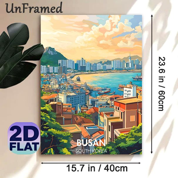 Busan South Korea Cityscape Painting Poster, Warm-toned Vibrant Coastal Urban Scene Poster, Charming Harbor & Mountain Skyline To Add Urban Flair_maomaolike.com
