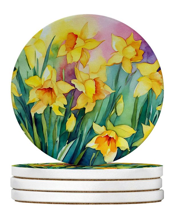 Daffodils In Watercolor Large Sandstone Coasters Pack Of 4 Absorbent Round Coasters Decor Gifts For Men Or Women, 4 In, Multicolor_maomaolike.com
