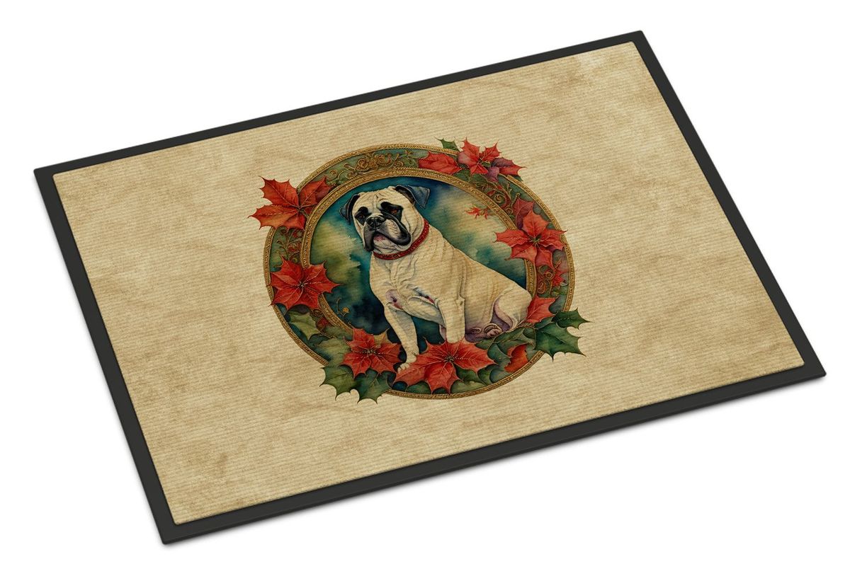 White Boxer Christmas Flowers Doormat Front Door Mat Indoor Outdoor Rugs For Entryway, Non Slip Washable Low Pile, 24H X 36W_maomaolike.com