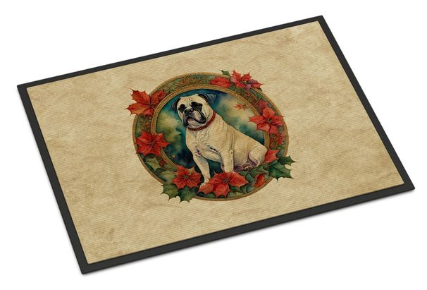 White Boxer Christmas Flowers Doormat Front Door Mat Indoor Outdoor Rugs For Entryway, Non Slip Washable Low Pile, 24H X 36W_maomaolike.com
