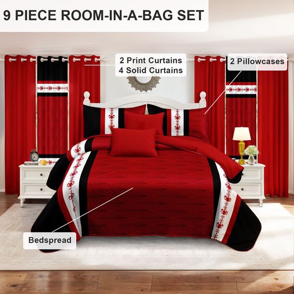 9 Piece Soft All-Season Washed Microfiber Cover Set , Queen/King/Calking Bedding Set With Pillowcases,Bedspread Print Curtains & Solid Curtains,Print, Moisture-Wicking, Soft ,Cooling, Easy Care_maomaolike.com