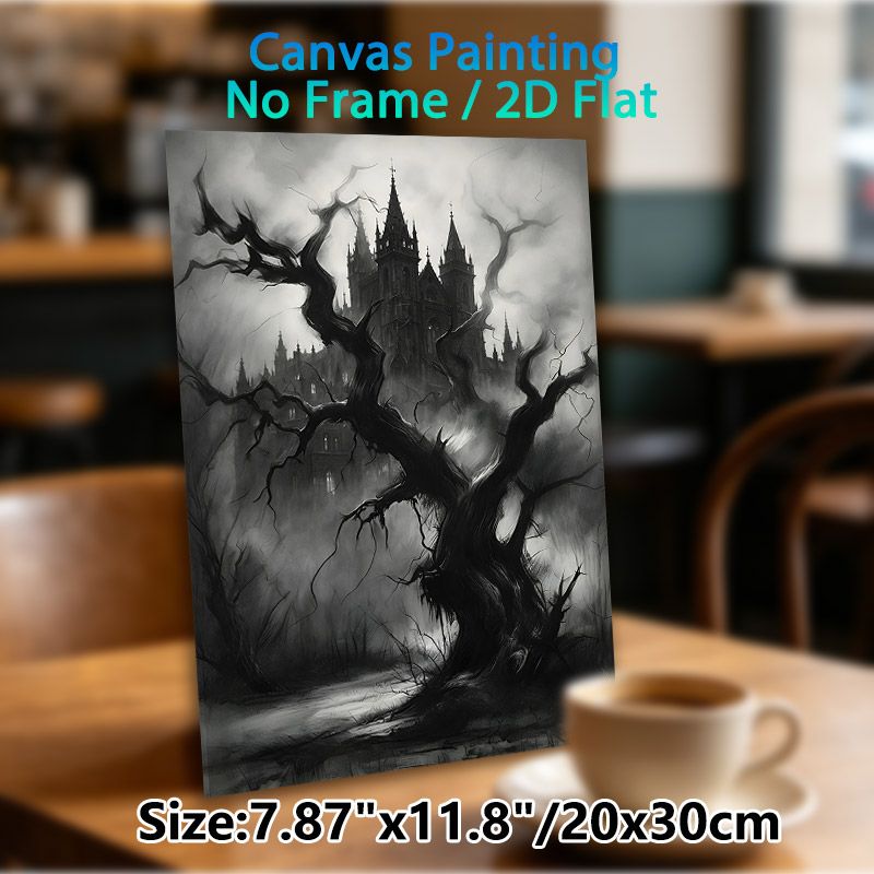 Gothic Haunted Castle Painting Poster, Monochrome Dark Gothic Style Poster, Mysterious Atmospheric Design With Twisted Bare Tree & Misty Spooky_maomaolike.com