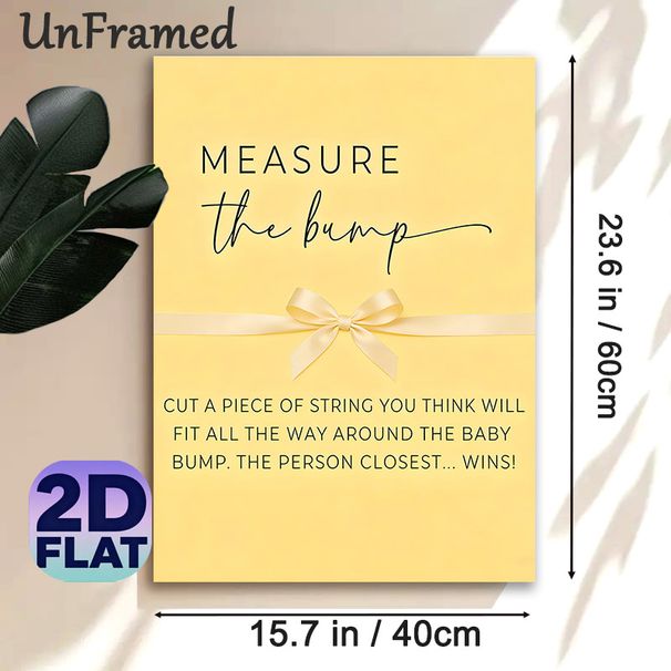 Baby Shower "Measure The Bump" Painting Poster, Soft Yellow Elegant Typographic Poster With Printed Ribbon, Fun Interactive Game Sign Ideal For Baby_maomaolike.com