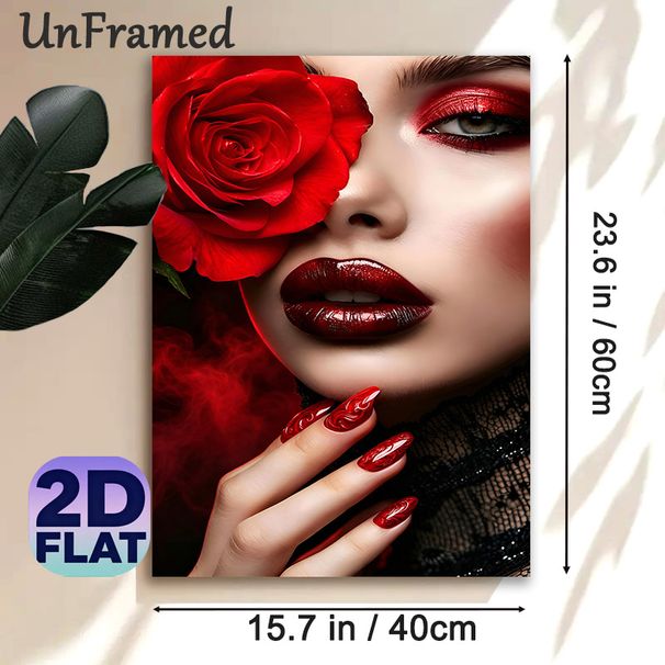 Red Rose & Glamorous Woman Painting Poster, Lustrous Mysterious Close-up Portrait Poster, Elegant Artistic Decor Ideal For Bedroom, Vanity Space_maomaolike.com