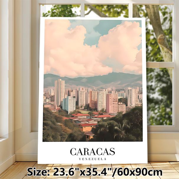 Caracas Cityscape Painting Poster, Soft-toned Watercolor Style Urban Skyline With Mountains & Buildings Poster, Captures Local City Charm, Ideal For_maomaolike.com