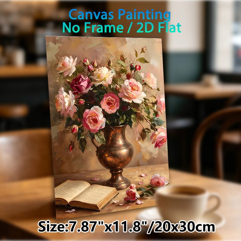 Rose Still Life Painting Poster, Vintage-style Oil Painting Of Pink & Burgundy Roses In Metallic Vase With Open Book Poster, Elegant Classic Floral_maomaolike.com