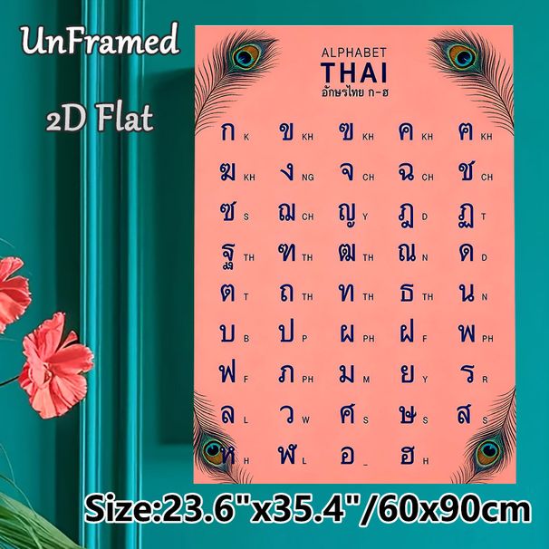 Thai Alphabet Painting Poster, Soft Pink Peacock-accented Educational Poster, Clear Thai Character Reference Chart For Language Study, Ideal For Study_maomaolike.com