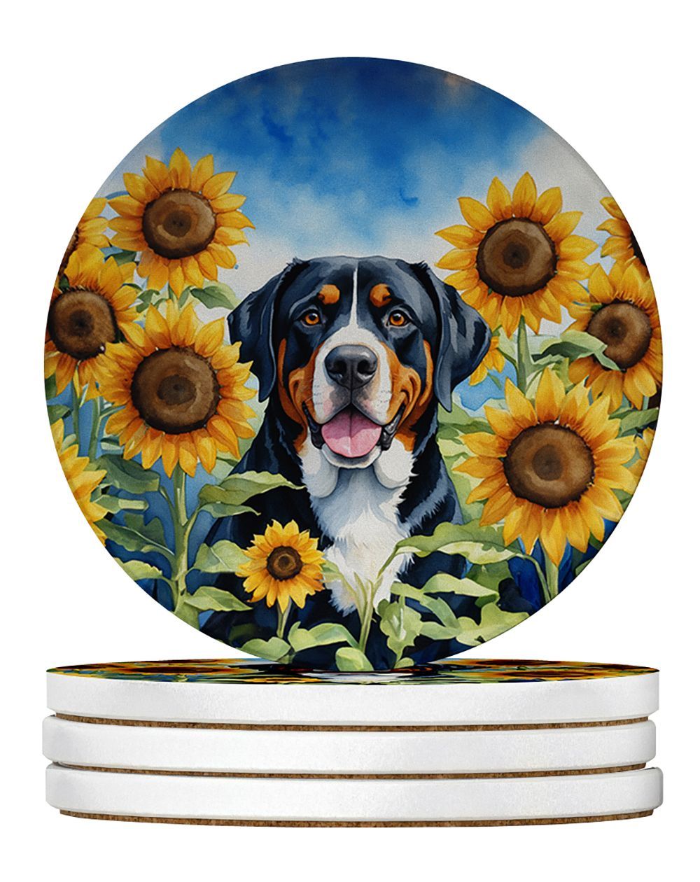 Greater Swiss Mountain Dog In Sunflowers Large Sandstone Coasters Pack Of 4 Absorbent Round Coasters Decor Gifts For Men Or Women, 4 In, Multicolor_maomaolike.com