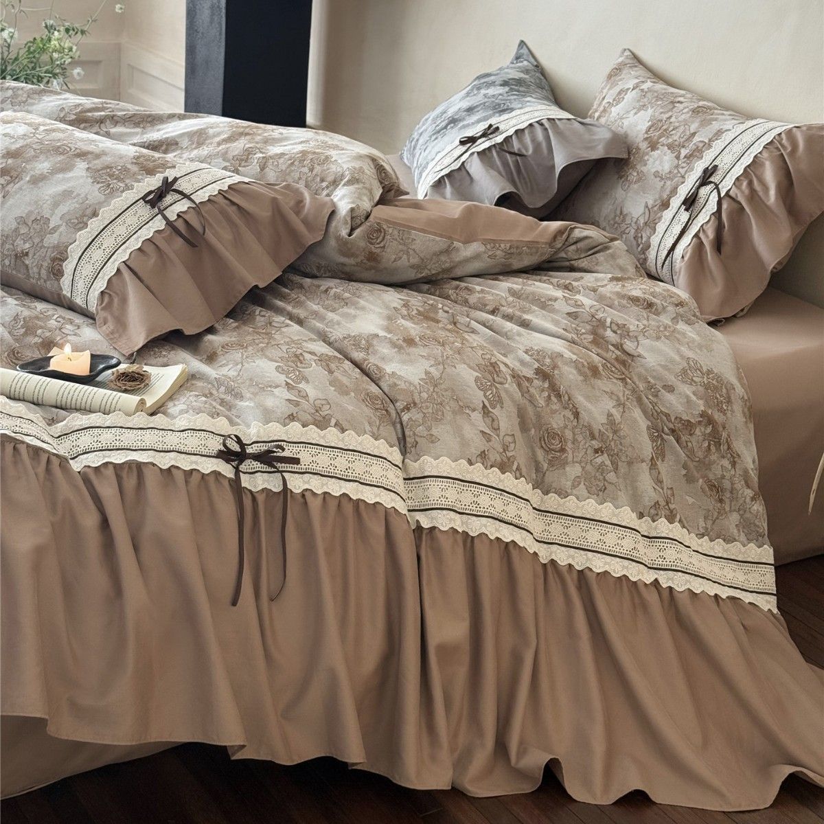 Romantic French Jacquard Pleated Lace Edge All-Cotton Warm Bedding Autumn Winter Pure Cotton Brushed Four-Piece Set Home Textile M_maomaolike.com