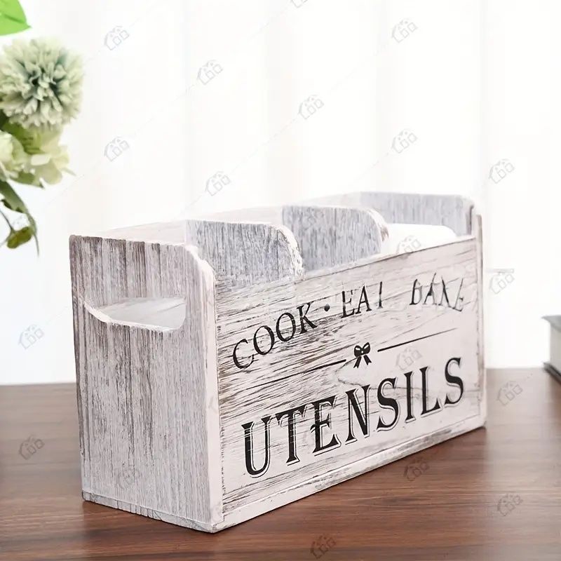 Rural Style Wooden Kitchen Utensil Storage Rack, 1 3-compartment Storage Box, Countertop And Wall Mounted Organizer, Made Of Wood, Kitchenware Accessories,_maomaolike.com