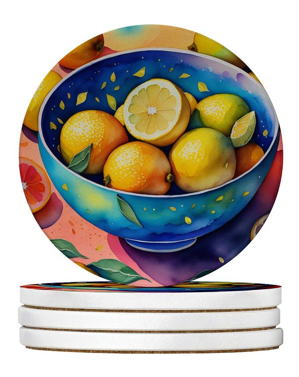 Colorful Lemons Large Sandstone Coasters Pack Of 4 Absorbent Round Coasters Decor Gifts For Men Or Women, 4 In, Multicolor_maomaolike.com