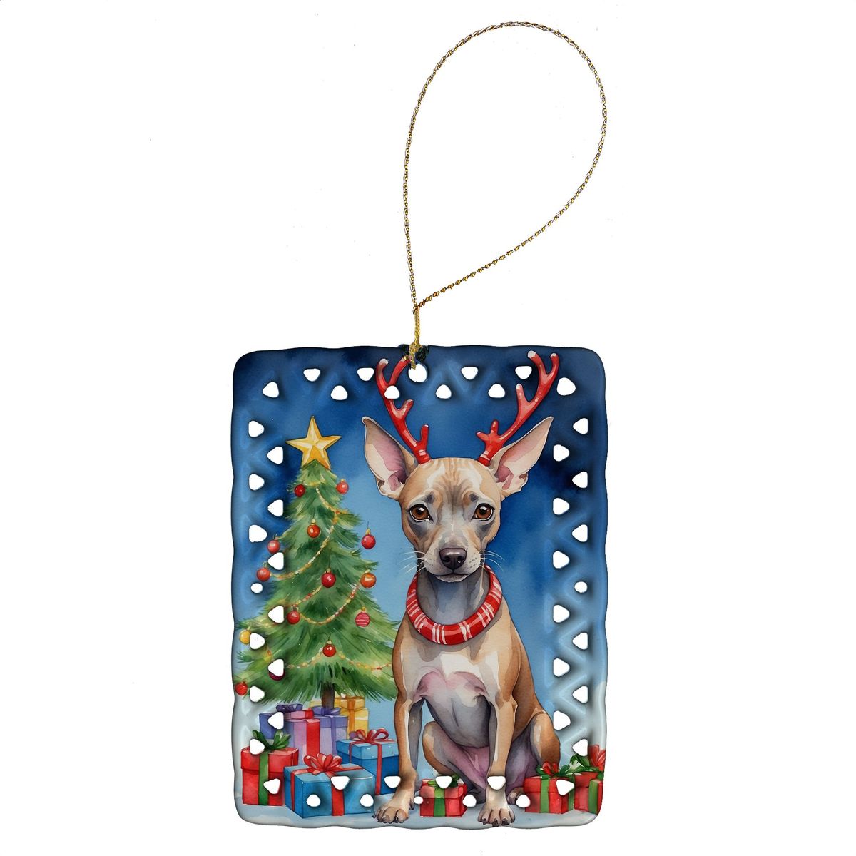 American Hairless Terrier Christmas Reindeer Porcelain Ornament Christmas Tree Hanging Decorations For Home Christmas Holiday, Rectangle, Gift, Multicolor_maomaolike.com