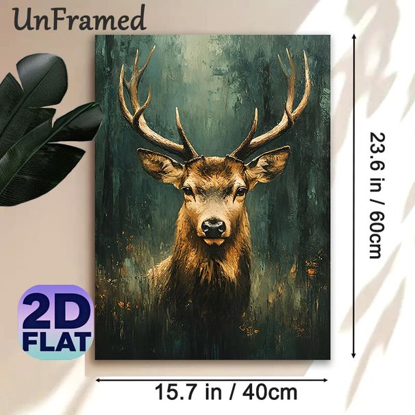 Deer Themed Painting Poster, Vintage Textured Realistic Stag Portrait Poster, Brings Rustic Natural Ambiance, Ideal For Living Room, Study And Hallway_maomaolike.com