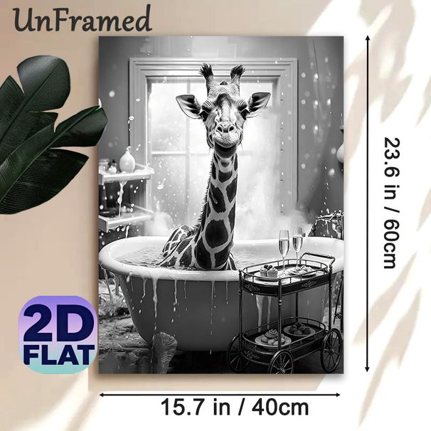 Giraffe Bathtub Themed Painting Poster, Monochrome Whimsical Animal Scene Poster, Playful Humorous Design, Ideal Wall Decor For Bathroom And Living_maomaolike.com