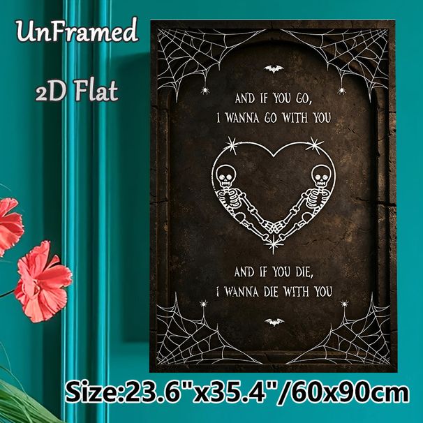 Gothic Skeleton Love Painting Poster, Vintage Dark Gothic Style Poster, Romantic Skeleton Heart With Quote & Spider Web Design, Ideal For Bedroom And_maomaolike.com