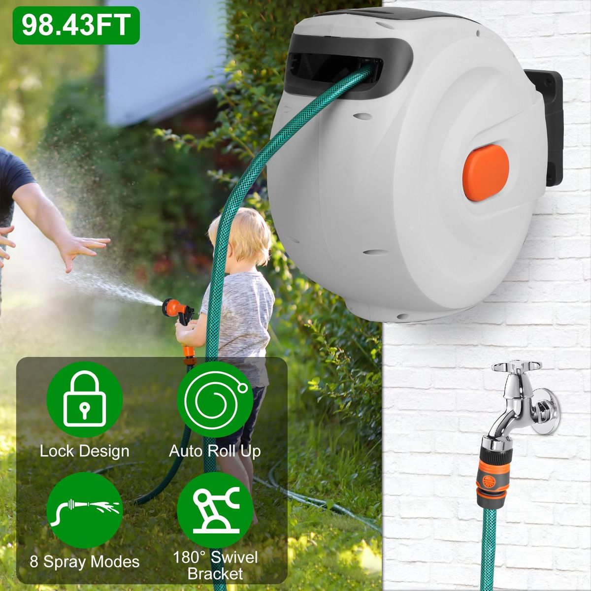 Retractable Garden Hose Reel Wall Mounted Automatic Water Hose Reel With Any Length Lock 8 Pattern Spraying Modes 180° Swivel Bracket_maomaolike.com