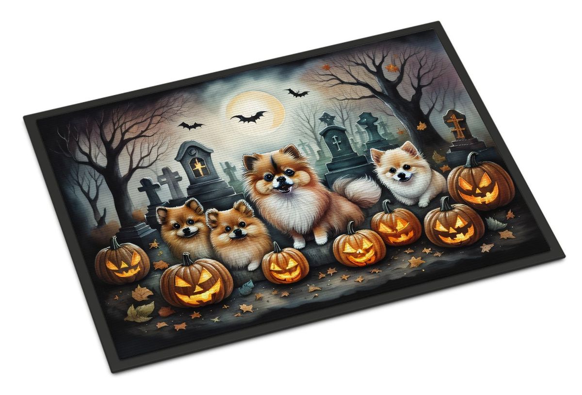 Pomeranian Spooky Halloween Doormat Front Door Mat Indoor Outdoor Rugs For Entryway, Non Slip Washable Low Pile, 24H X 36W_maomaolike.com