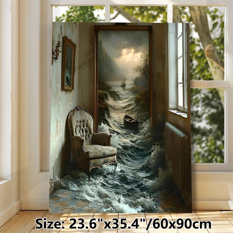 Surreal Coastal Interior Painting Poster, Dramatic Surreal Scene With Waves Spilling From Artwork Into Room Poster, Unique Immersive Decor Ideal For_maomaolike.com
