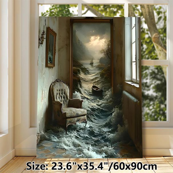 Surreal Coastal Interior Painting Poster, Dramatic Surreal Scene With Waves Spilling From Artwork Into Room Poster, Unique Immersive Decor Ideal For_maomaolike.com