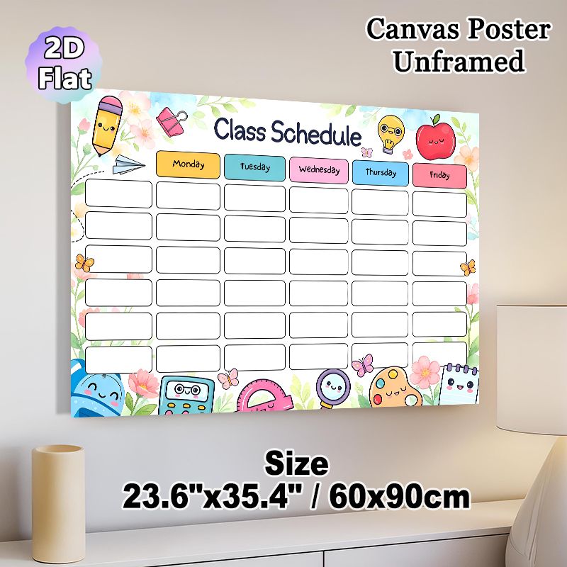Class Schedule Painting Poster, Cute Cartoon Style Poster With Kawaii Stationery & Floral Accents, Functional Planner To Arrange Weekly Classes_maomaolike.com
