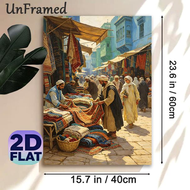 Middle Eastern Bazaar Painting Poster, Vibrant Oil-painting Style Bustling Market Scene Poster, Captures Lively Daily Life With Colorful Textiles_maomaolike.com