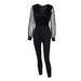new solid color V neck mesh slim long sleeved jumpsuit trousers large stock_maomaolike.com
