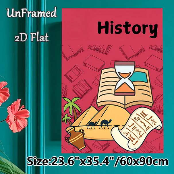 History Themed Painting Poster, Vibrant Cartoon Style Poster Featuring Pyramids, Camels & Hourglass, Educational Decor Ideal For Study Room, Classroom_maomaolike.com
