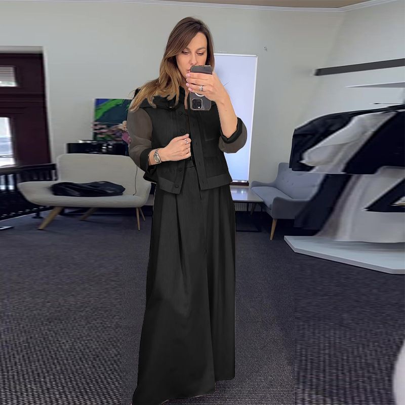 Women's Clothing solid color mesh splicing jacket casual wide leg trousers suit for women_maomaolike.com