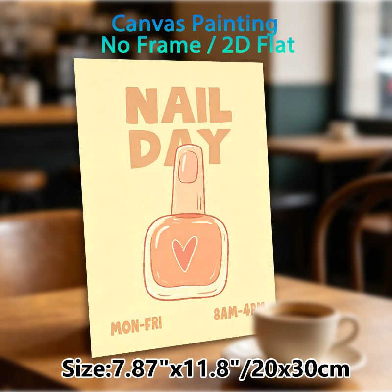 Nail Day Themed Painting Poster, Warm-toned Cute Cartoon Style Poster, Adorable Nail Polish Bottle With Heart Design, Suitable Decor For Beauty Salons_maomaolike.com