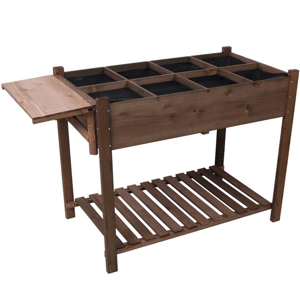 8 Pockets Horticulture Raised Garden Bed Elevated Wood Planter Box Stand With Foldable Side Table And Storage Shelf For Herb/Vegetables/Flowers, Dark Brown Color_maomaolike.com