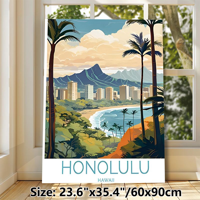 Honolulu Hawaii Coastal City Painting Poster, Vibrant Stylized Tropical Coastal Cityscape Poster, Infuses Calm Tropical Ambiance, Suitable For Home_maomaolike.com