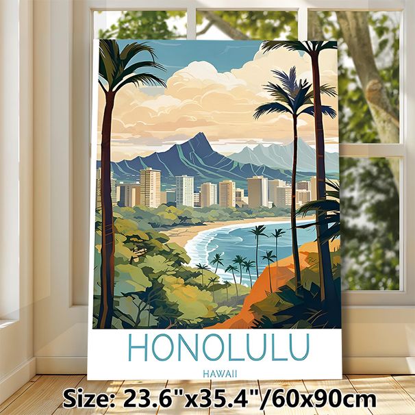 Honolulu Hawaii Coastal City Painting Poster, Vibrant Stylized Tropical Coastal Cityscape Poster, Infuses Calm Tropical Ambiance, Suitable For Home_maomaolike.com