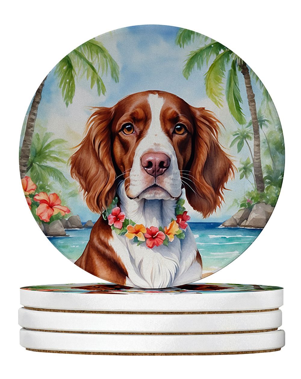 Welsh Springer Spaniel Luau Large Sandstone Coasters Pack Of 4 Absorbent Round Coasters Decor Gifts For Men Or Women, 4 In, Multicolor_maomaolike.com