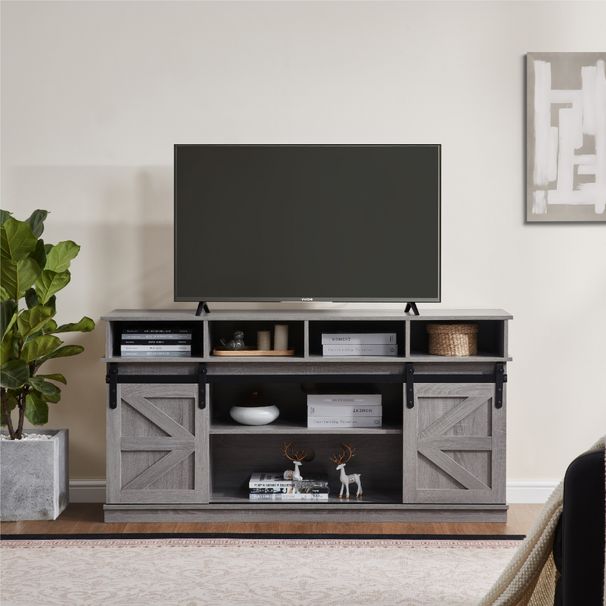 TV Stand Sliding Barn Door Modern&Farmhouse Wood Entertainment Center, Storage Cabinet Table Living Room With Adjustable Shelves For TVs Up To 65",Grey_maomaolike.com